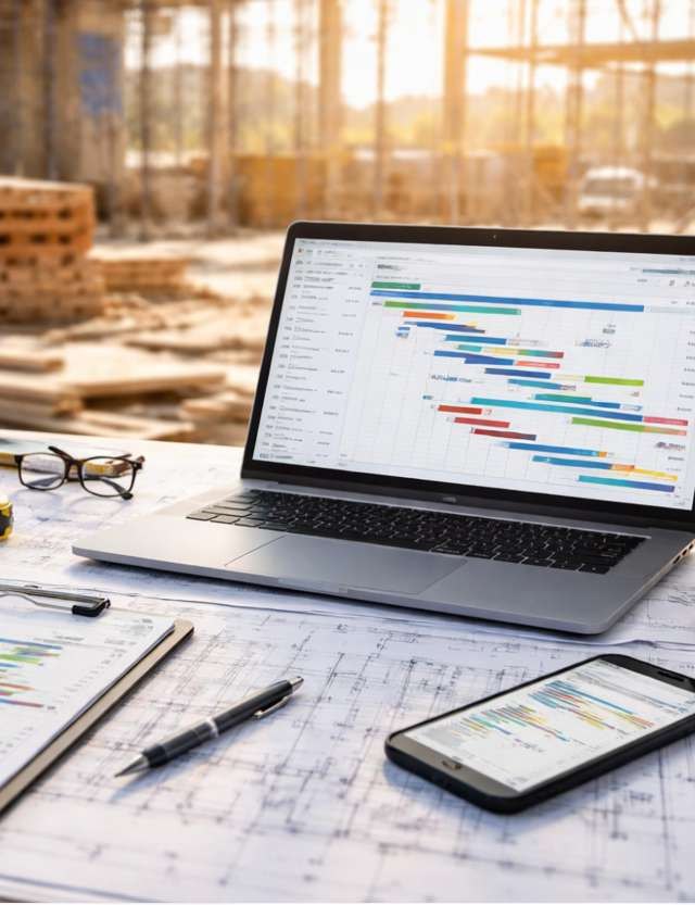 Project schedule on a laptop over construction drawings