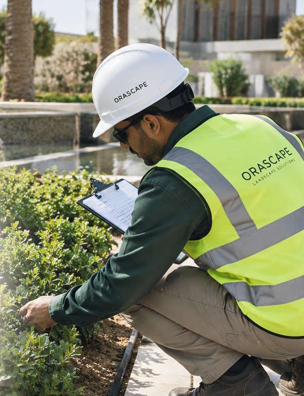 Site inspector checking planting against a checklist