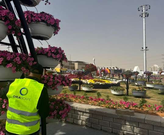 Crew tending hanging flower baskets on a planted frame